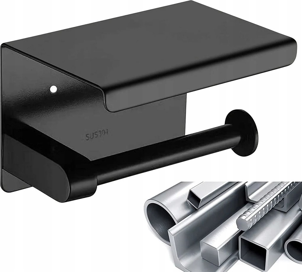 304 Wc-papír Tartó Polccal Matt fekete Fürdőszobai Akasztó