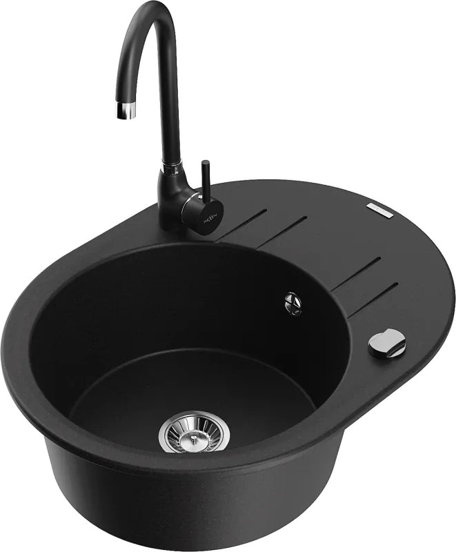 Mexen Kevin 1 rekeszes, csepegtetős gránit mosogató és Telma konyhai csaptelep, fekete - 6517-77-670200-70