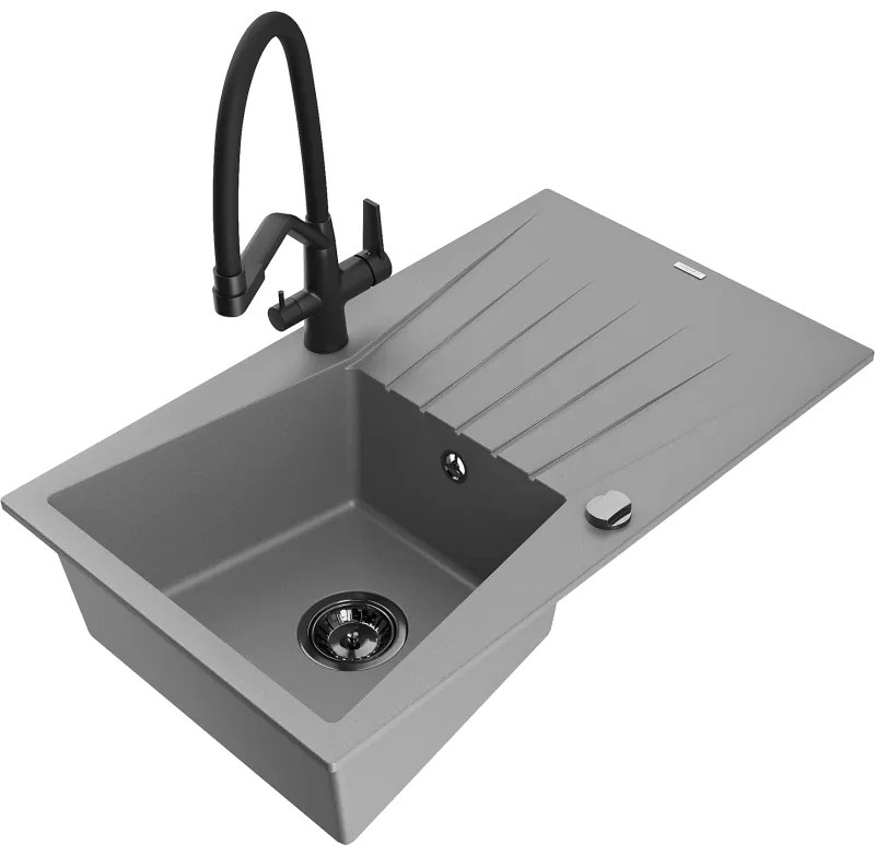 Mexen Cesar gránit egymedencés mosogató csepegtetővel és Duo konyhai csapteleppel, szürke - 6514-71-671701-70-B