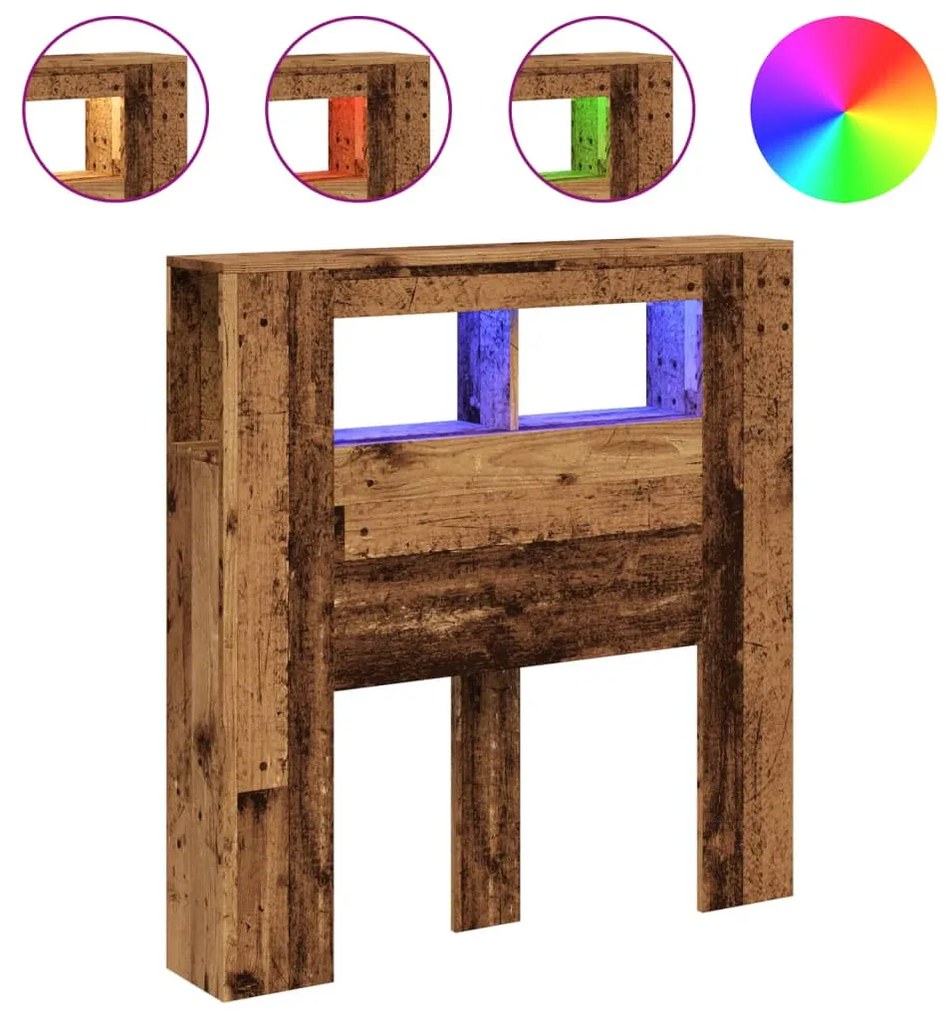 antik fa színű szerelt fa LED-es fejtámla 100x18,5x103,5 cm