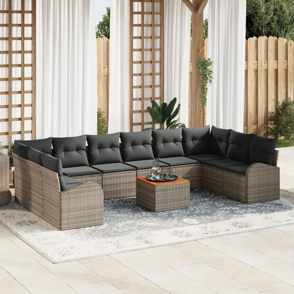 11 Részes Kert Canapé Szett Párnákkal Szürke Poli Rattan Acacia, 2-üléses Kert Canapé Tárolóval és Párnákkal Szürke Poli Rattan