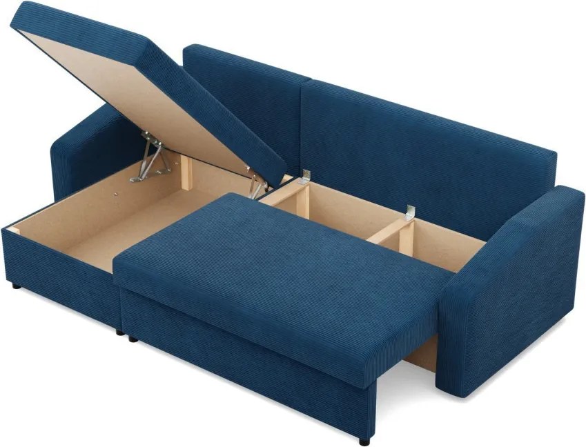 Zeus sarokkanapé, 1 ágyneműtartóval, döntött kartámasz, kordbársony, univerzális oldal, bonell töltet, kék