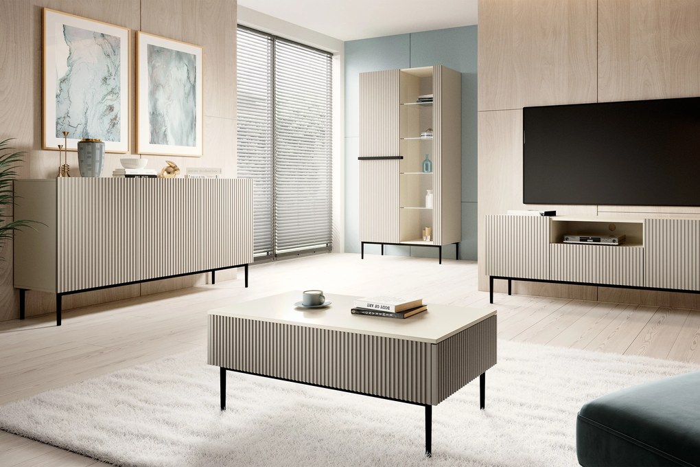 Nicole komód 150 cm bordázott előlapokkal - kasmír / fekete lábak