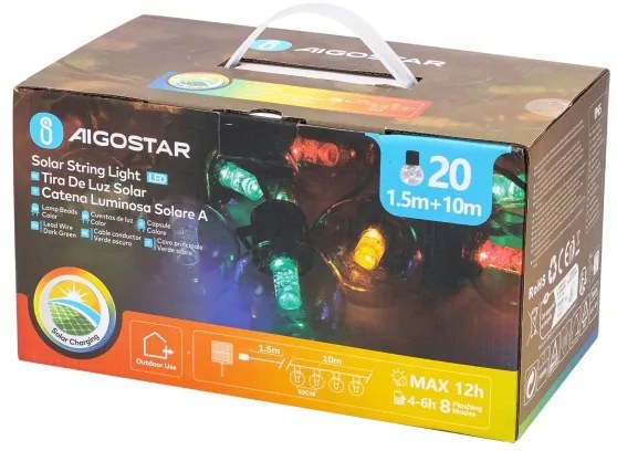 Aigostar - LED napelemes karácsonyi fényfüzér 20 LED, 8 funkció, 11,5 m, IP65, s