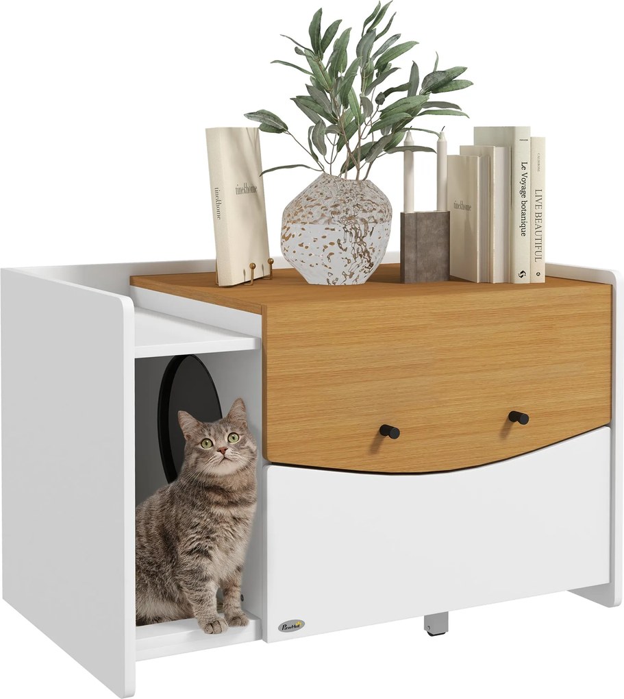 PawHut Macska WC Szekrény Macskaalomhoz, Macskaalom Szekrény Kihúzható Fiókkal, Alomfogó Szőnyeg, Macska Ház Belső Használatra, 78 x 50 x 51 cm, Tölgy
