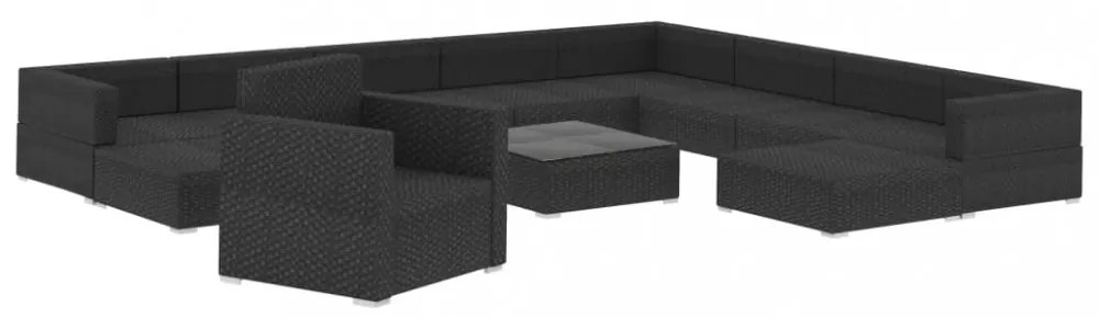 12 részes fekete polyrattan kertibútor-garnitúra párnákkal