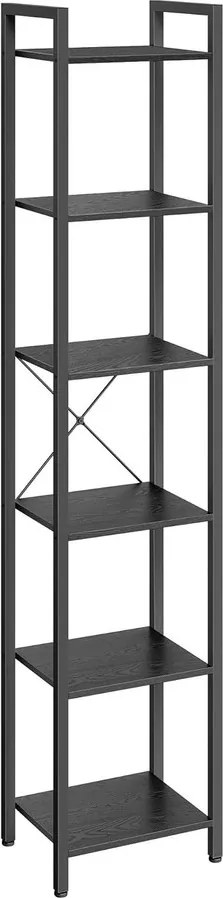 6 szintes könyvespolc, állópolc, fém kerettel, fekete