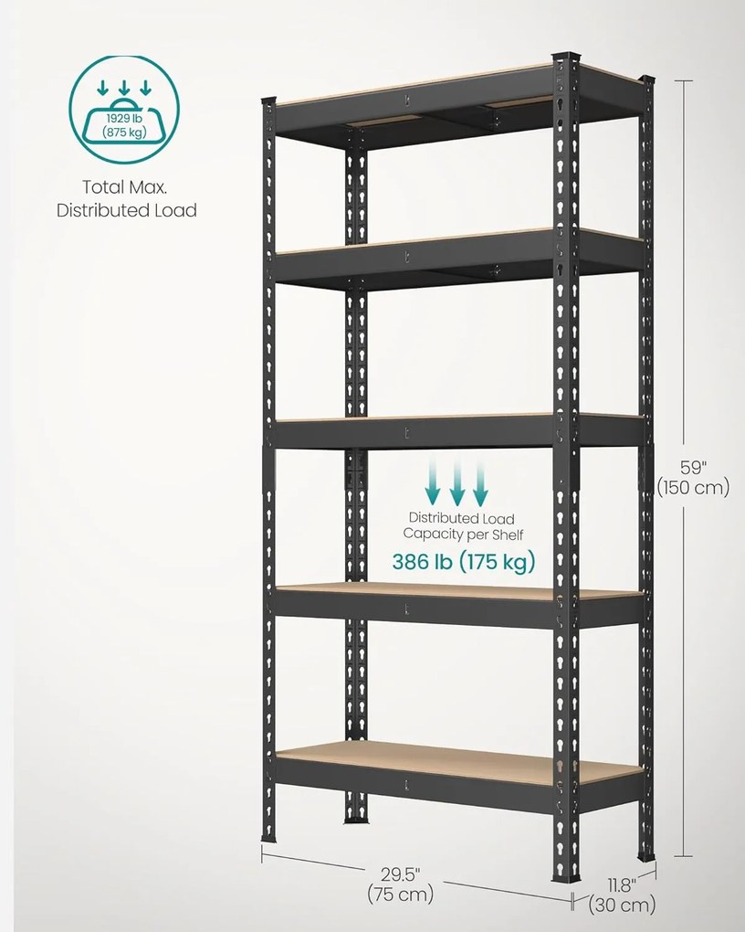 SONGMICS 5 szintes polcrendszer készlet 2 db-os,  30×75×150 cm, fekete