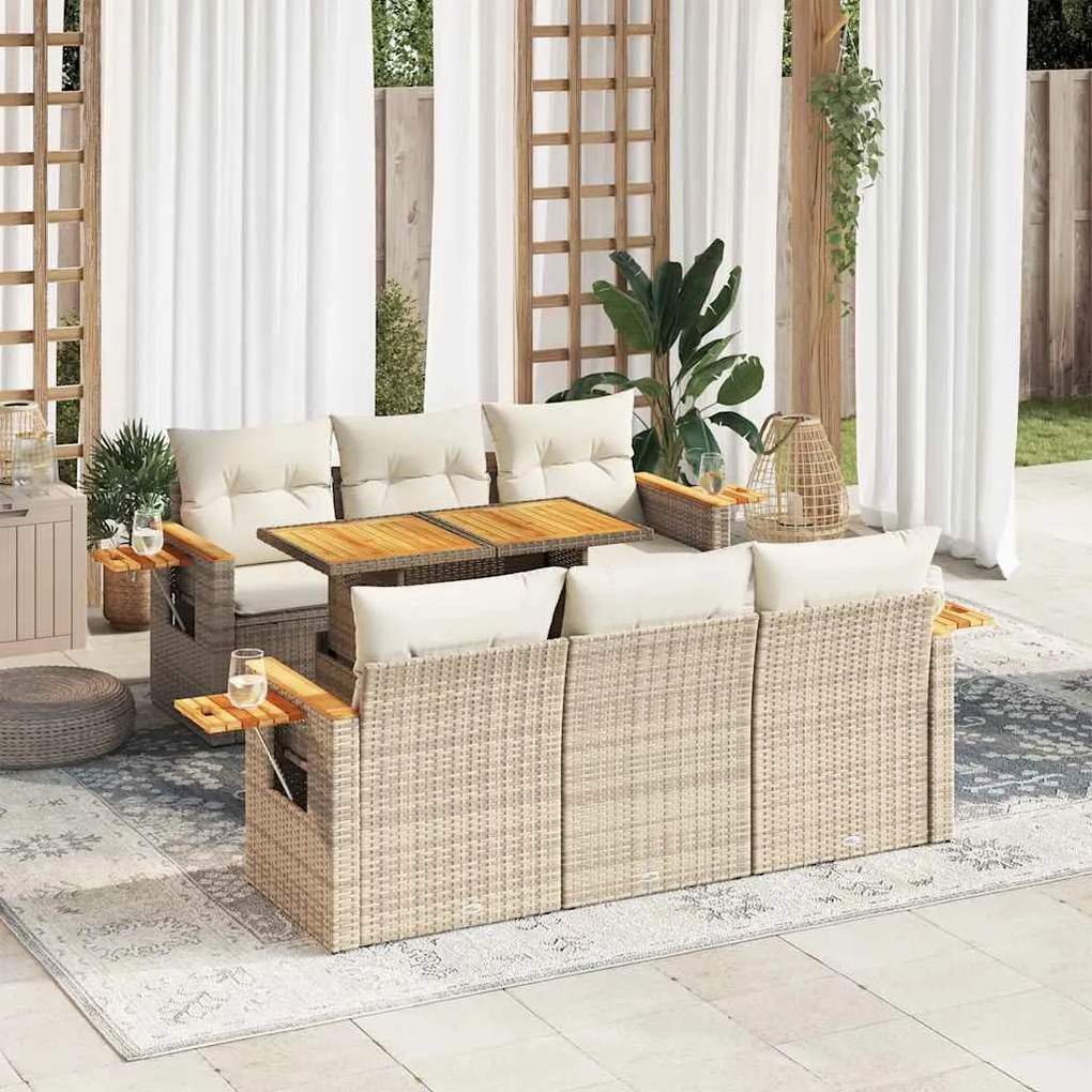 7 részes bézs polyrattan akácfa kerti ülőgarnitúra párnákkal