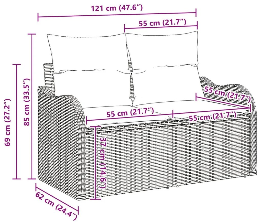 6 részes Kerti Sofa Szett Párnákkal Szürke Poly Rattan Akác, 2-személyes Kerti Sofa Párnákkal Szürke Poly Rattan