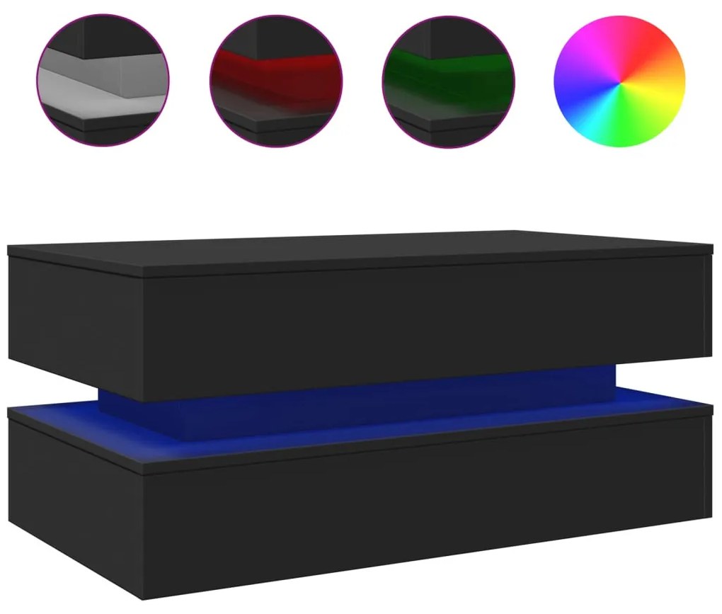 Fekete dohányzóasztal LED-lámpákkal 90x50x40 cm