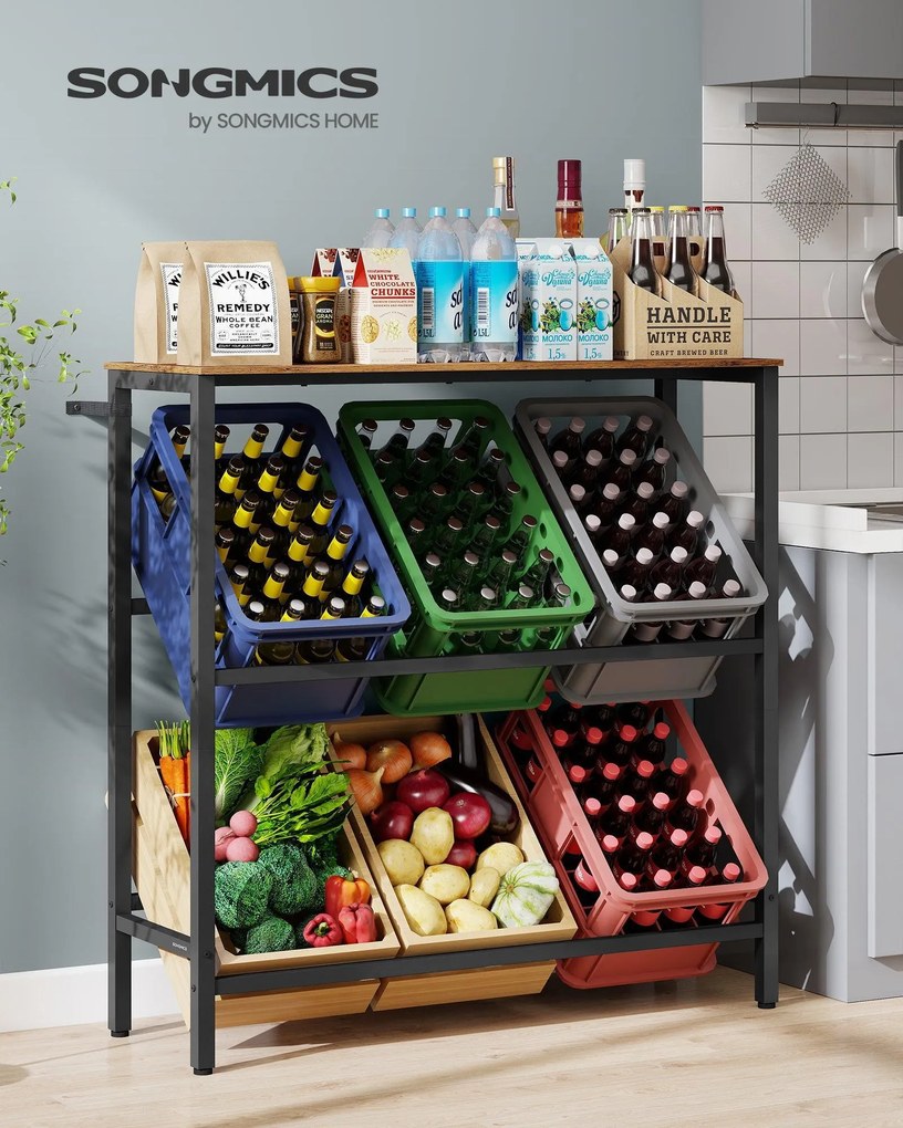 2 szintes, 6 rekeszes acél ital tároló állvány vintage barna és fekete színben