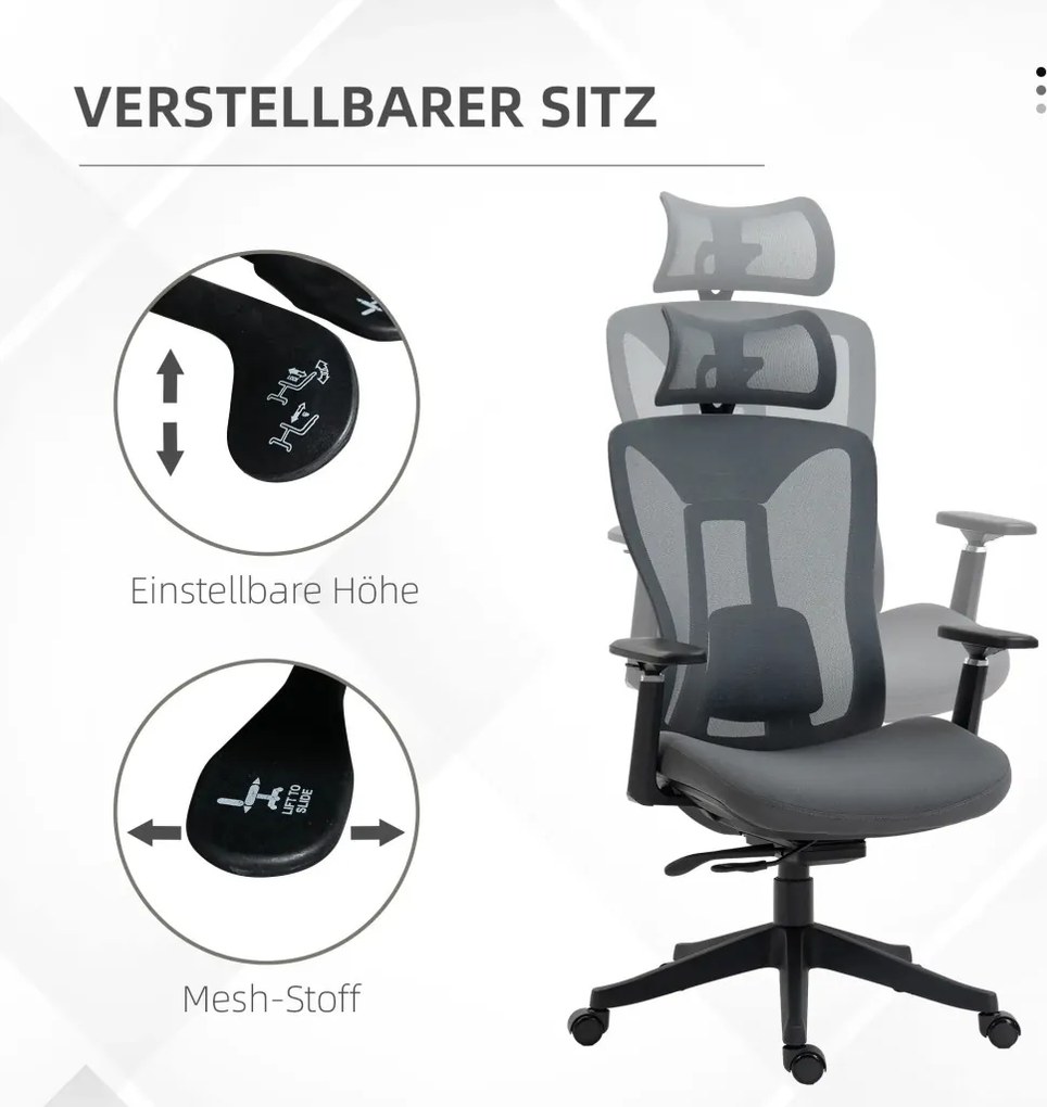 Vinsetto Ergonomikus irodai szék, 135-os dőlésszög, állítható magasság 3D, szürke