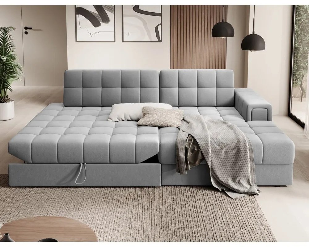 Szürke bársony kinyitható sarokkanapé (jobb oldali-heverő résszel) Blezalt – ELTAP