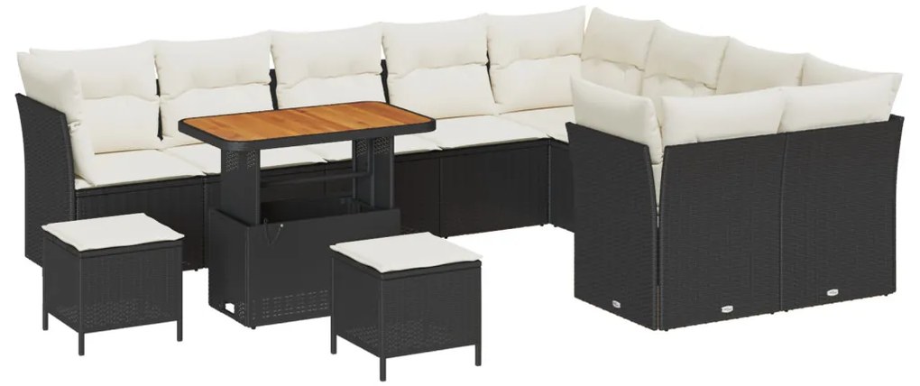 12 db-os Kert Sofa Szett Párnákkal Fekete Poli Rattan Akácia