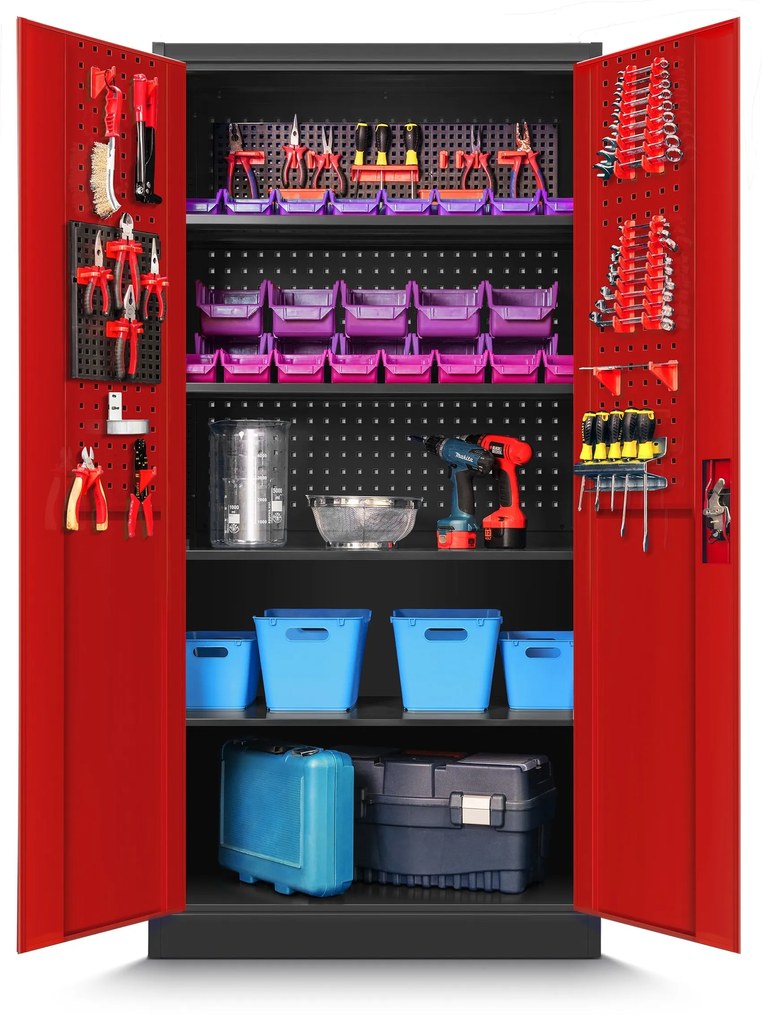 Fém műhelyszekrény polcokkal BRUNO, 920 x 1850 x 500 mm, antracit-piros