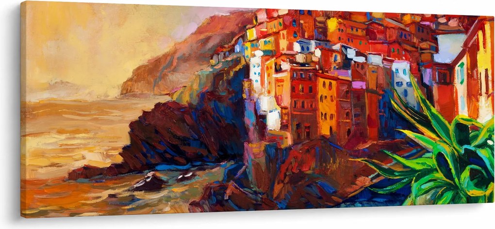 Kép - Falu Cinque Terre partján, az olasz riviérán, modern impresszionizmus (120x50 cm)