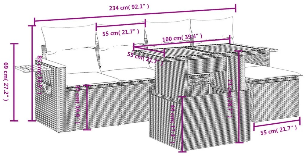 6 részes szürke polyrattan kerti ülőgarnitúra párnákkal