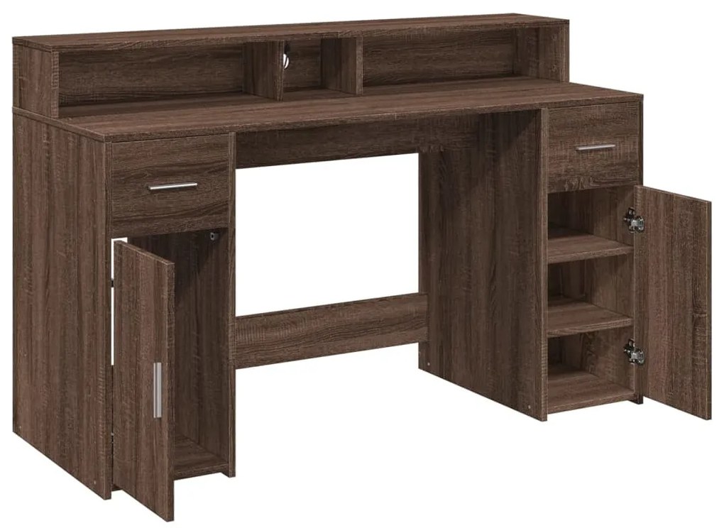 barna tölgy színű szerelt fa íróasztal LED-ekkel 140x55x91 cm