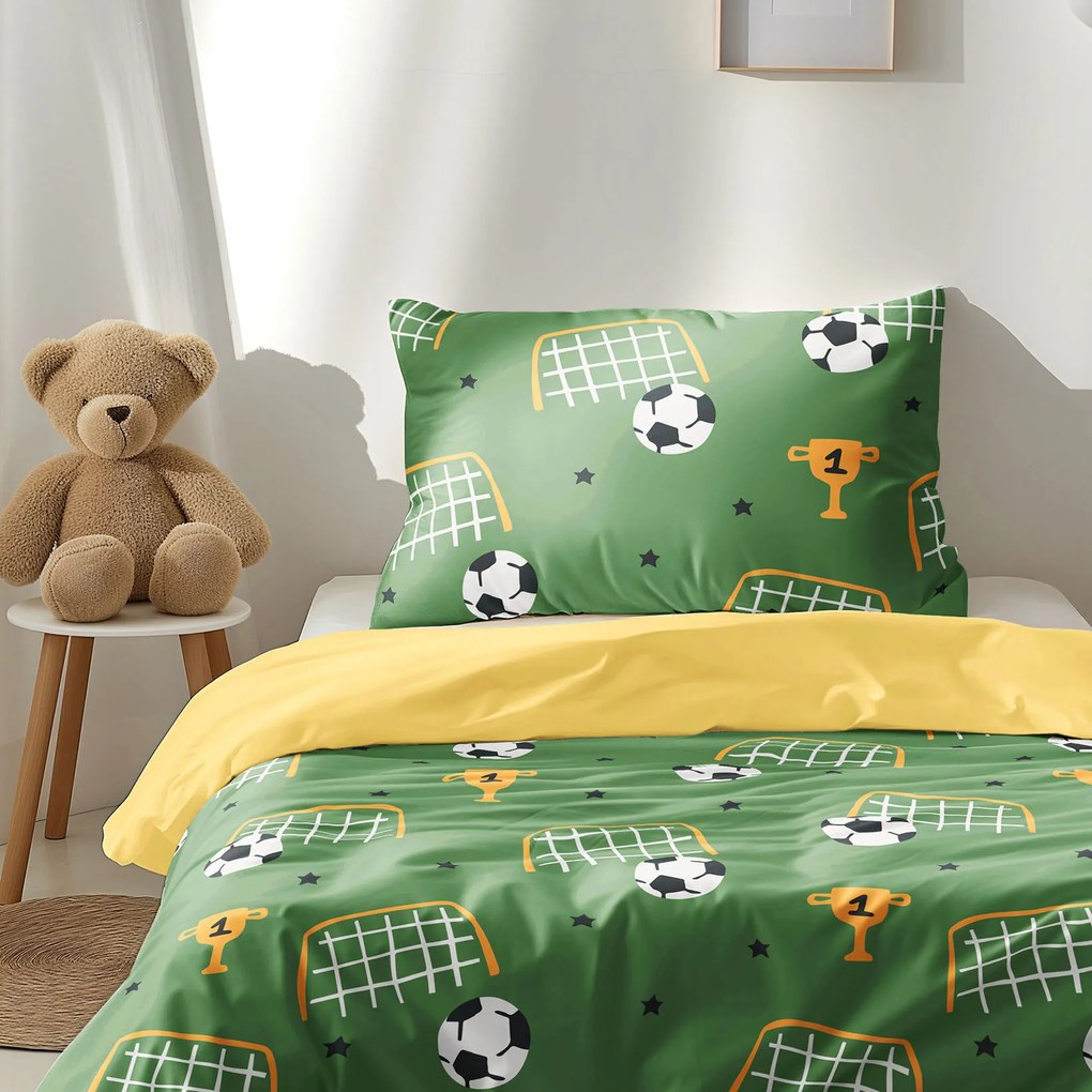 Goldea gyermek pamut ágyneműhuzat duo - futballvilág, sárga hátoldal 140 x 200 és 70 x 90 cm
