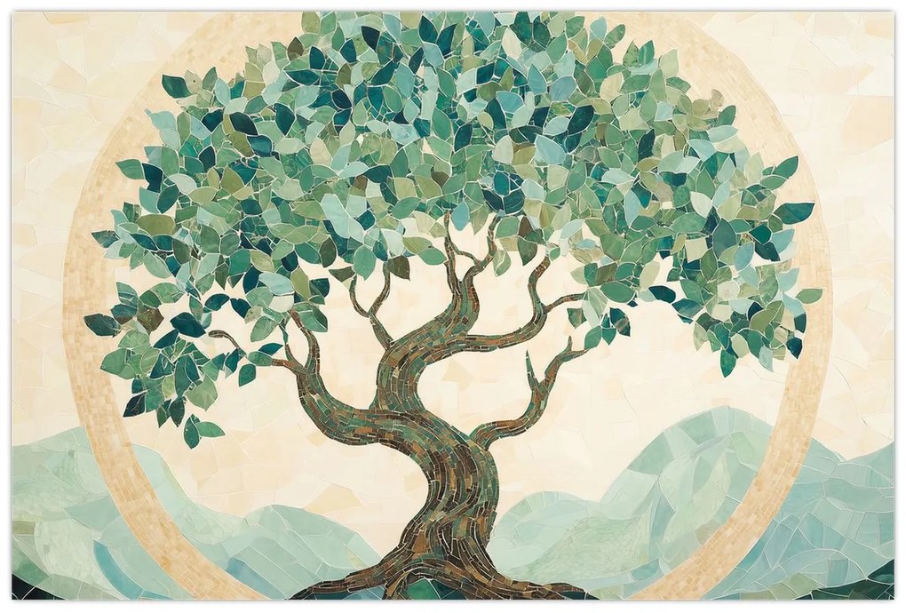 Kép – Elegáns mozaik fával (90x60 cm)