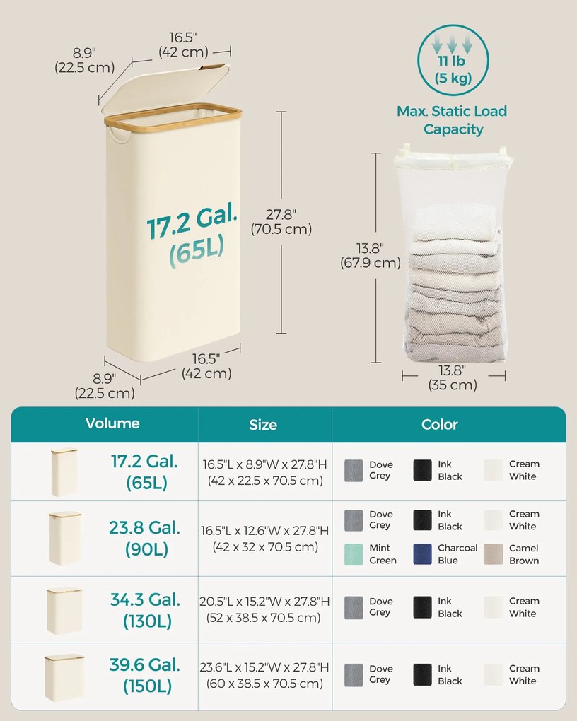 Fedeles mosókosár, 65L, levehető hálós bélés, összecsukható, krémszínű