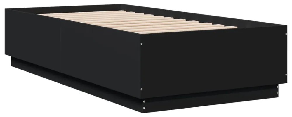 fekete szerelt fa ágykeret LED-világítással 90 x 190 cm