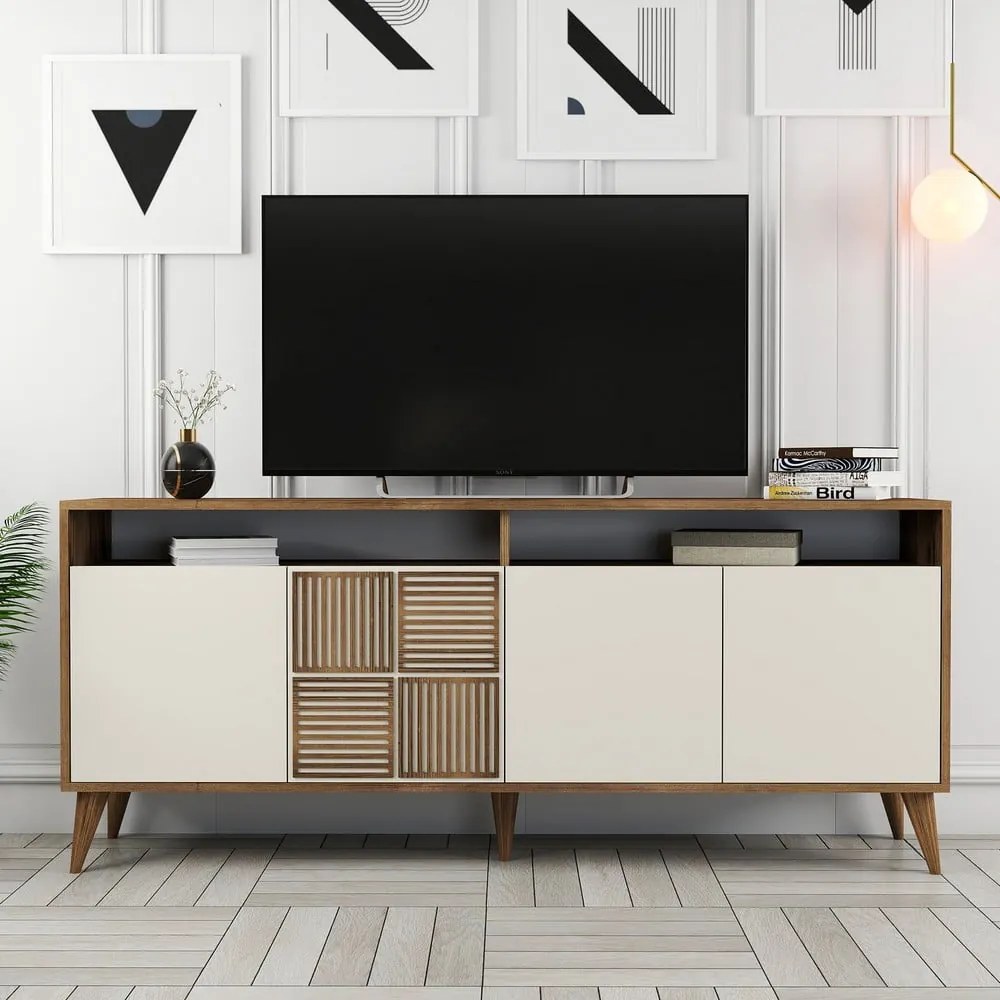 Krémszínű-natúr színű alacsony komód diófa dekorral 180x79 cm Milan – Kalune Design