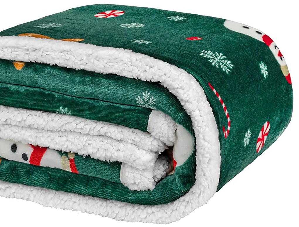 SNOWMAN AND GINGERBREAD karácsonyi sötétzöld mikroplüss báránytakaró Méret: 200 x 220 cm