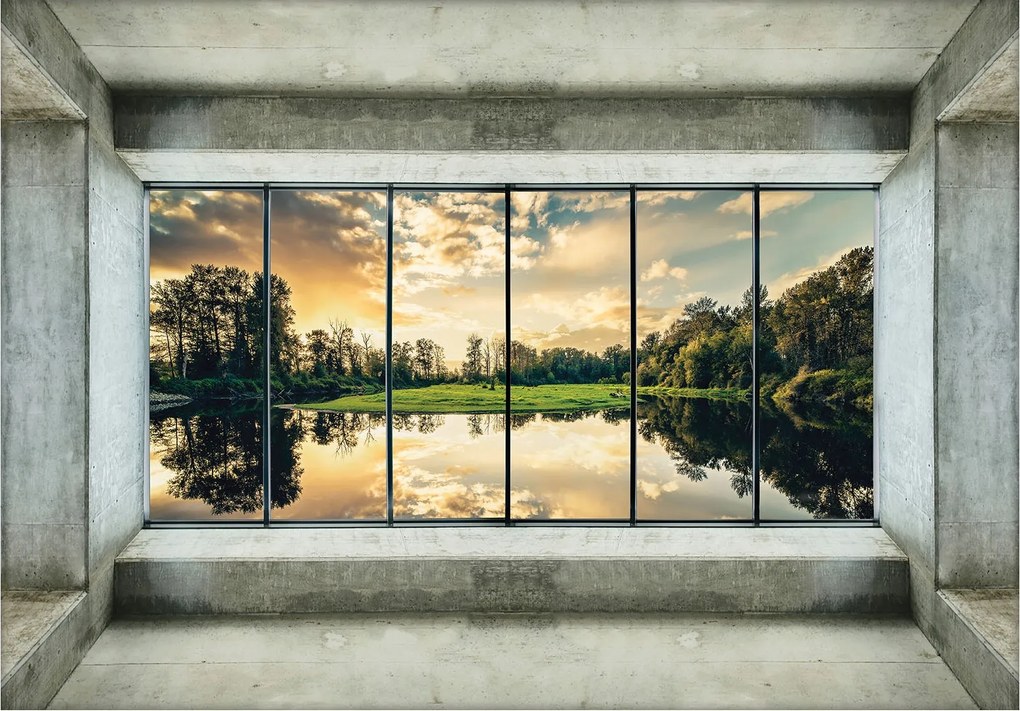 Tapéta Tó Naplemente Panoráma Fák Ablak Természet Vinyl 254x184+ragasztó