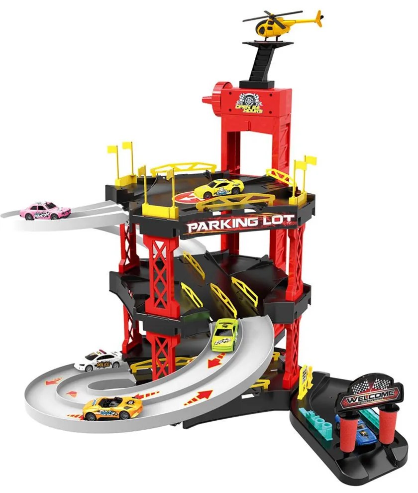 Bowa 8026 Nagy Kisautós Parkoló Szett 55 darabos Játék 3+ Gyerekeknek 4 fém autó 1 Helikopter