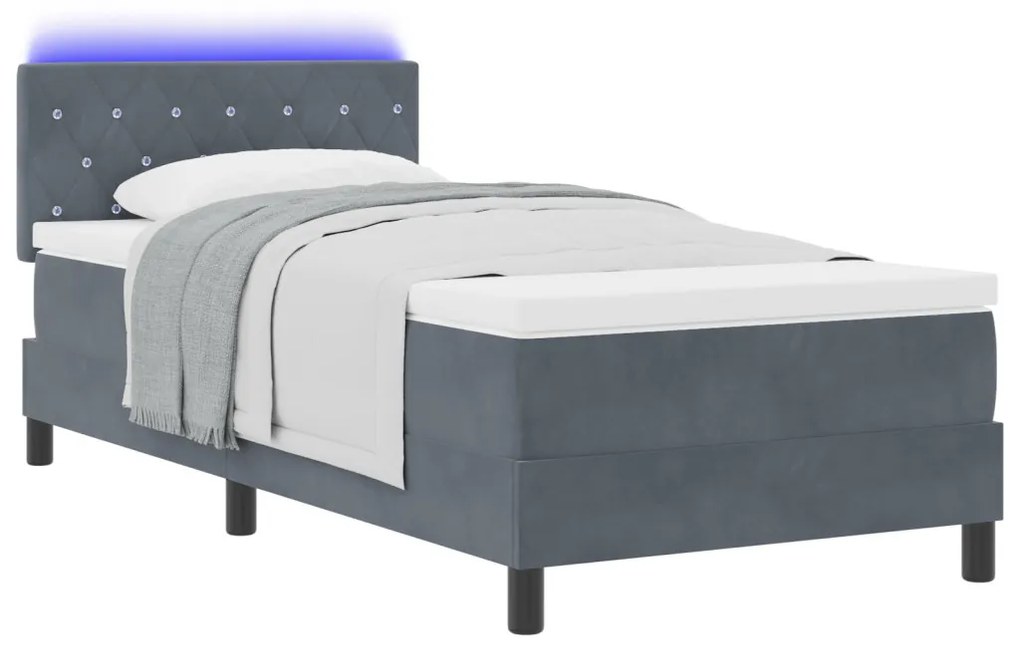 vidaXL LED Box Spring Ágy matracmal Sötétszürke 90 x 200 cm Bársony