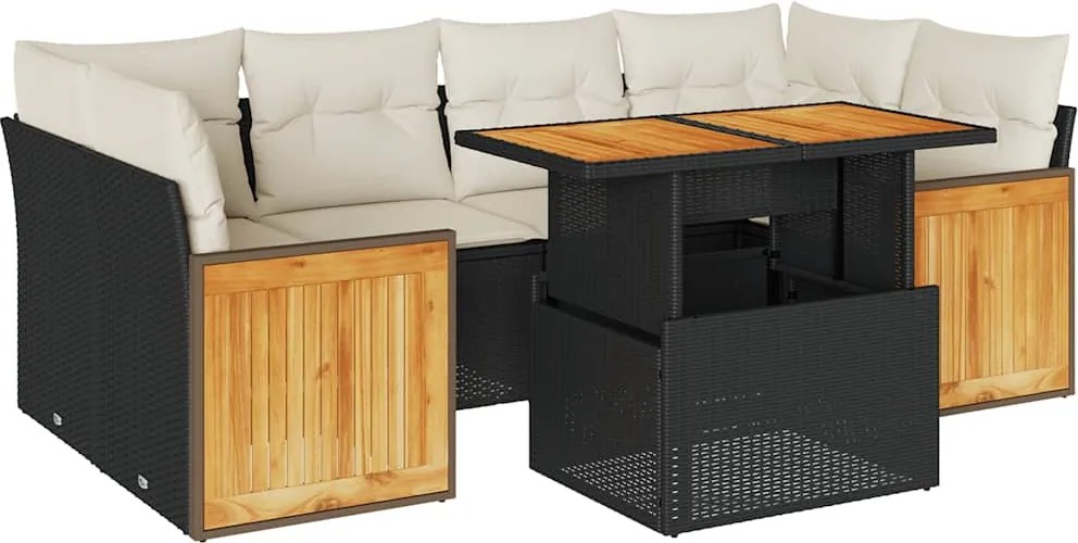 vidaXL 7 részes fekete polyrattan akácfa kerti ülőgarnitúra párnával