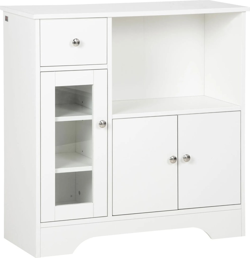 HOMCOM Fehér Oldalszekrény Modern Konyhai Szekrény Üveg Ajtóval Fiókkal Nyitott Polccal és Állítható Polcokkal 80x30x82 cm | Aosom
