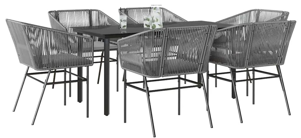vidaXL 7 részes szürke polyrattan üveg kerti étkezőgarnitúra párnával