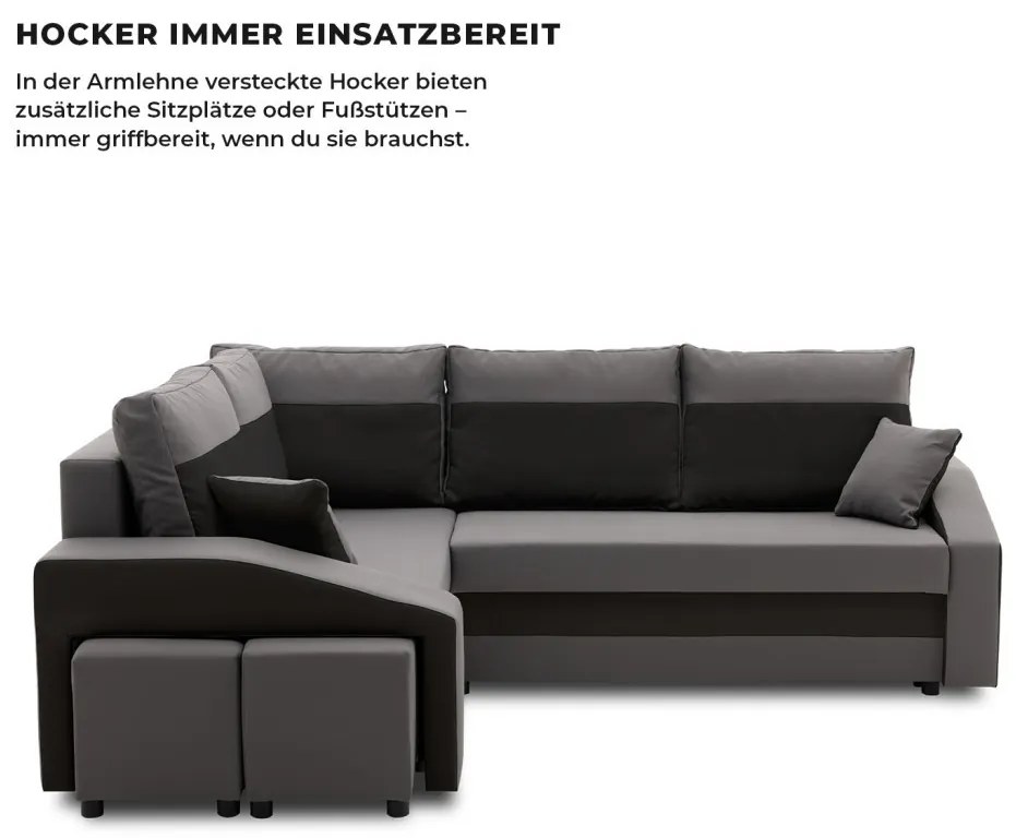 Grande sarokkanapé polcokkal és puffokkal , polc a jobb karfaban puffok a bal karfaban, baloldali, szövet anyag, hab töltet, szürke - fekete