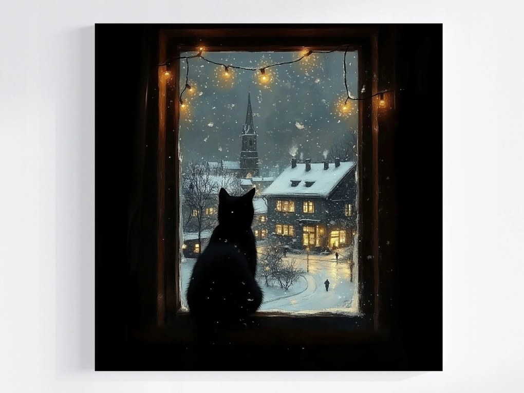 Vászonkép Canvas Ablak Kilátás Város Tél Éjszaka Fekete Macska Néző 80x80