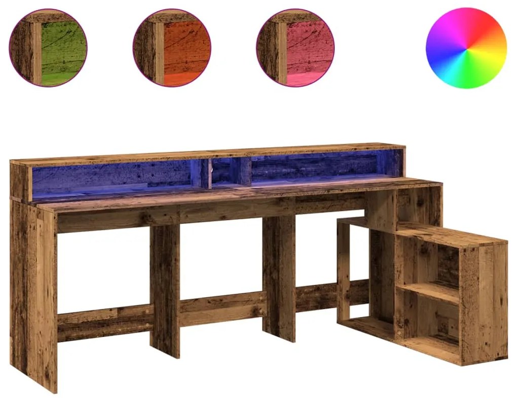 antik fa színű szerelt fa íróasztal LED-ekkel 200 x 104 x 91 cm