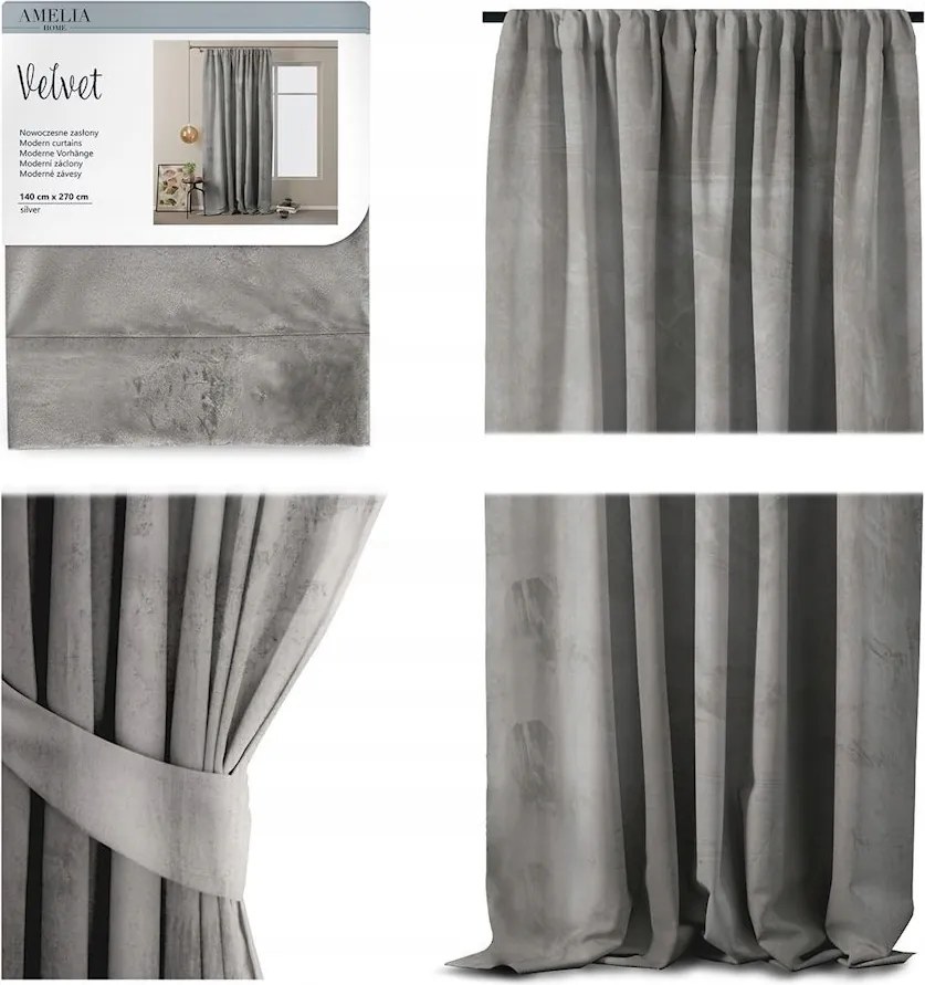 AmeliaHome bársony függöny 140x270 cm ezüst 140x270