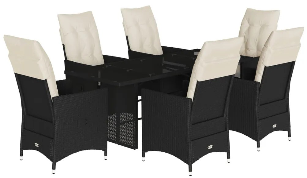7 részes fekete polyrattan kerti étkezőgarnitúra párnával