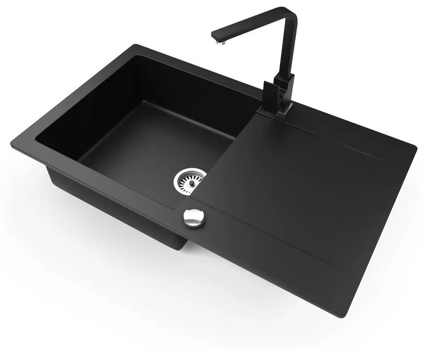 Gránit mosogatótálca NERO Gold + Design csaptelep + dugókiemelő (matt fekete)