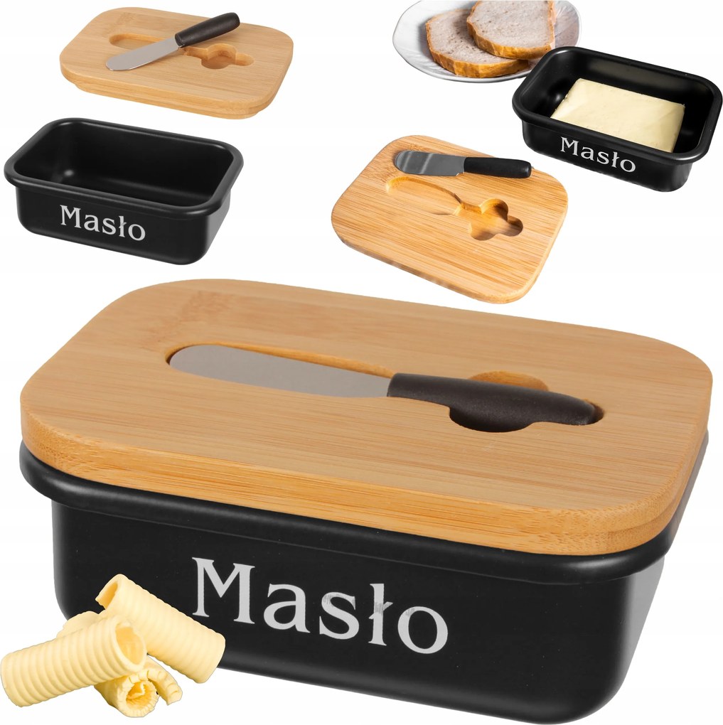 Fém vajtartó késsel és bambusz fedéllel konyhai vajtartó