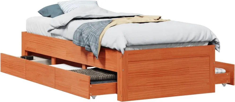 vidaXL viaszbarna tömör fenyőfa fiókos ágykeret matrac nélkül 75x190cm