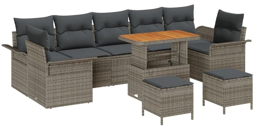 10 darabos kerti kanapé szett párnákkal Szürke Poli-Rattan Akáciával, 2 személyes kerti kanapé tárolóval és párnákkal Szürke Poli-Rattan, 3 darabos kerti étkező szett párnákkal Szürke Poli-Rattan Akáciával