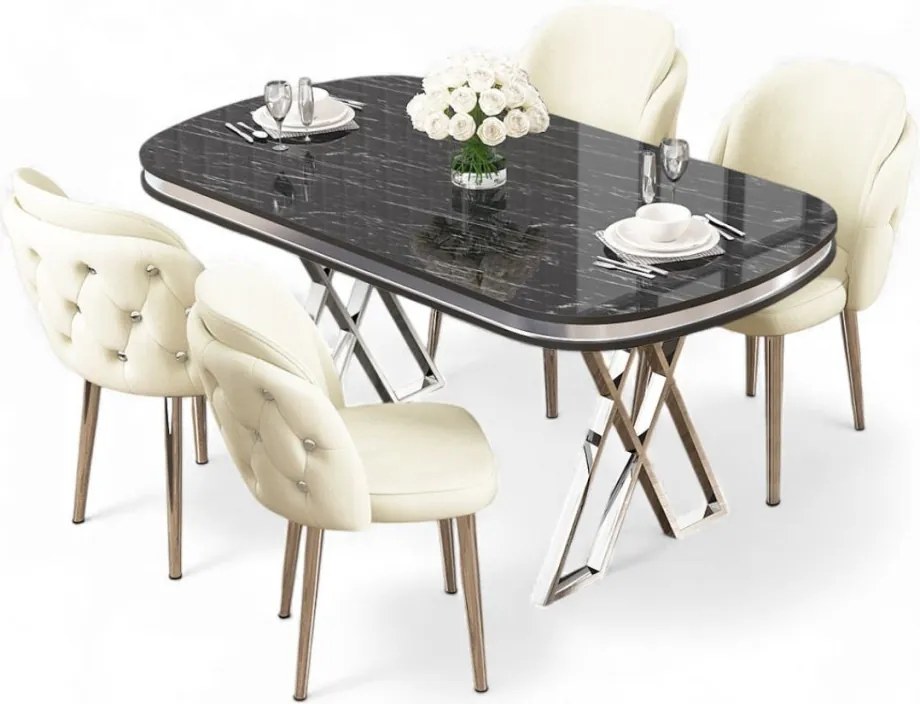 Zae étkezőgarnitúra, fekete márvány-króm, 168 cm – TR240CHR3082