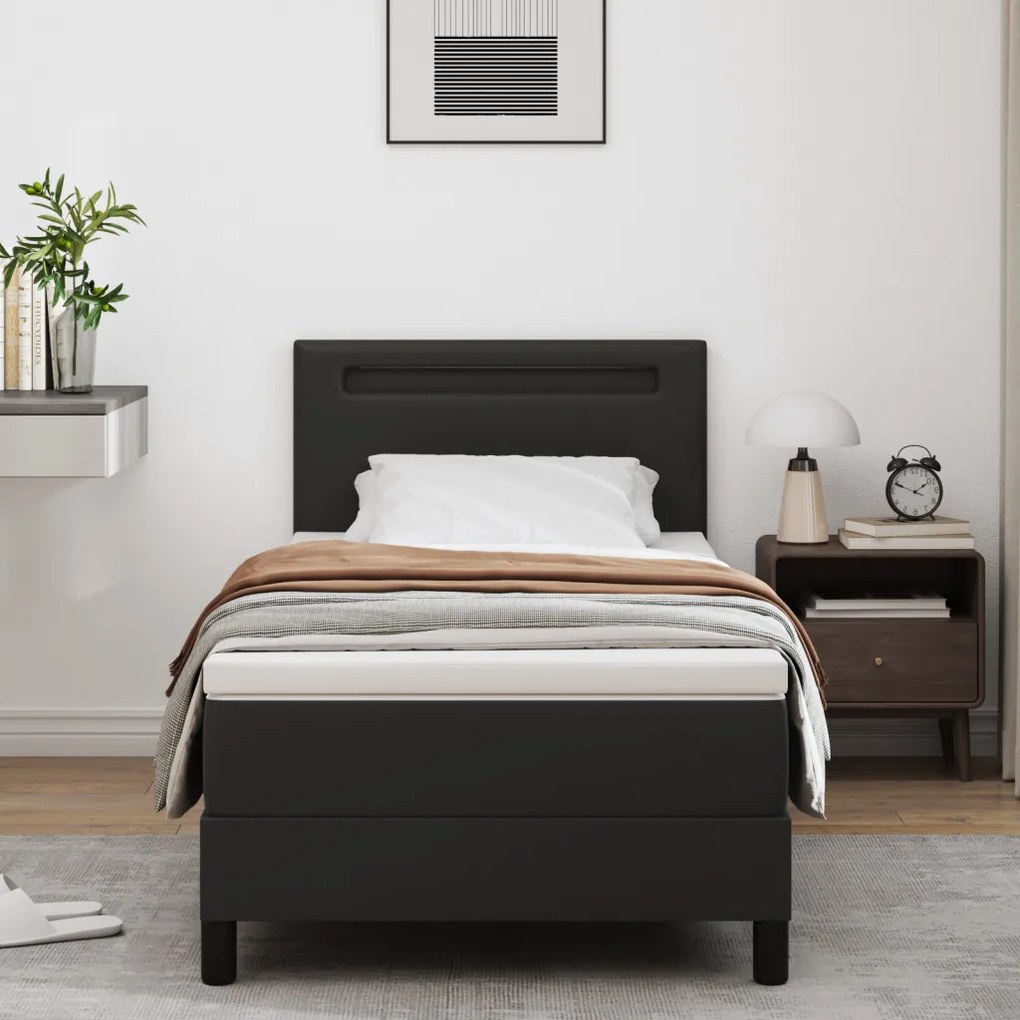 Boxspring ágy matraccal – fekete, 90x200 cm, műbőr