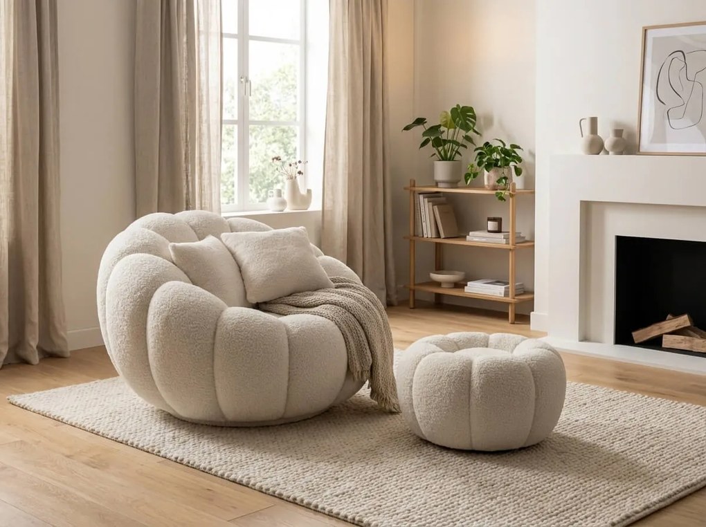 Design fotel BLOOM lábtartóval, krémszínű