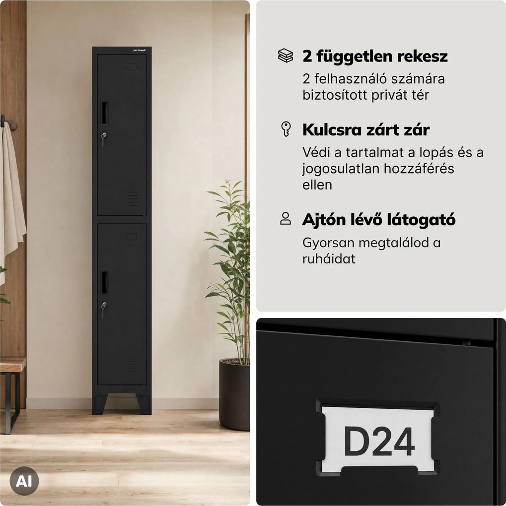 Öltözőszekrény fém munkahelyi mély 2 ajtós fekete, 292x1720x600 mm: BARTEK 1 Plus D600