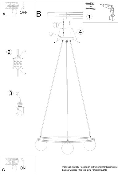 Sollux SL.1213 - Csillár zsinóron YOLI 3xG9/8W/230V fekete