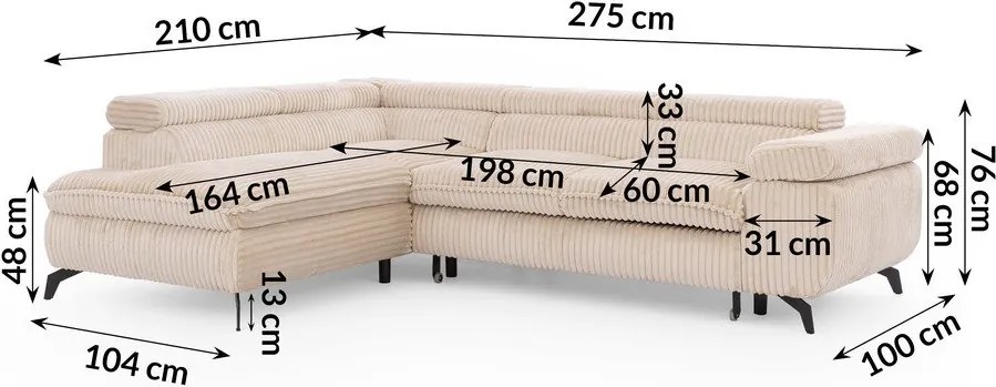 Bézs kordbársony sarokkanapé (bal oldali-L alakú) Marbeya – Ropez